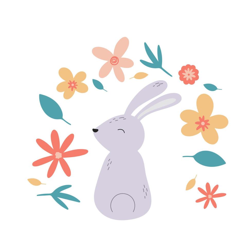 Cute rabbit with flowers and herbs vector