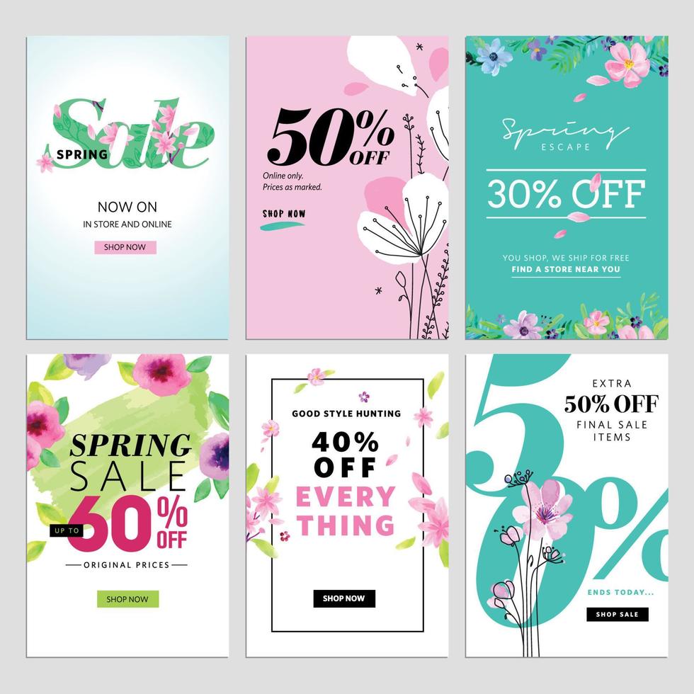 Spring sale banners. Vector illustrations of online shopping website and mobile website banners, posters, newsletter designs, ads, coupons, social media banners.