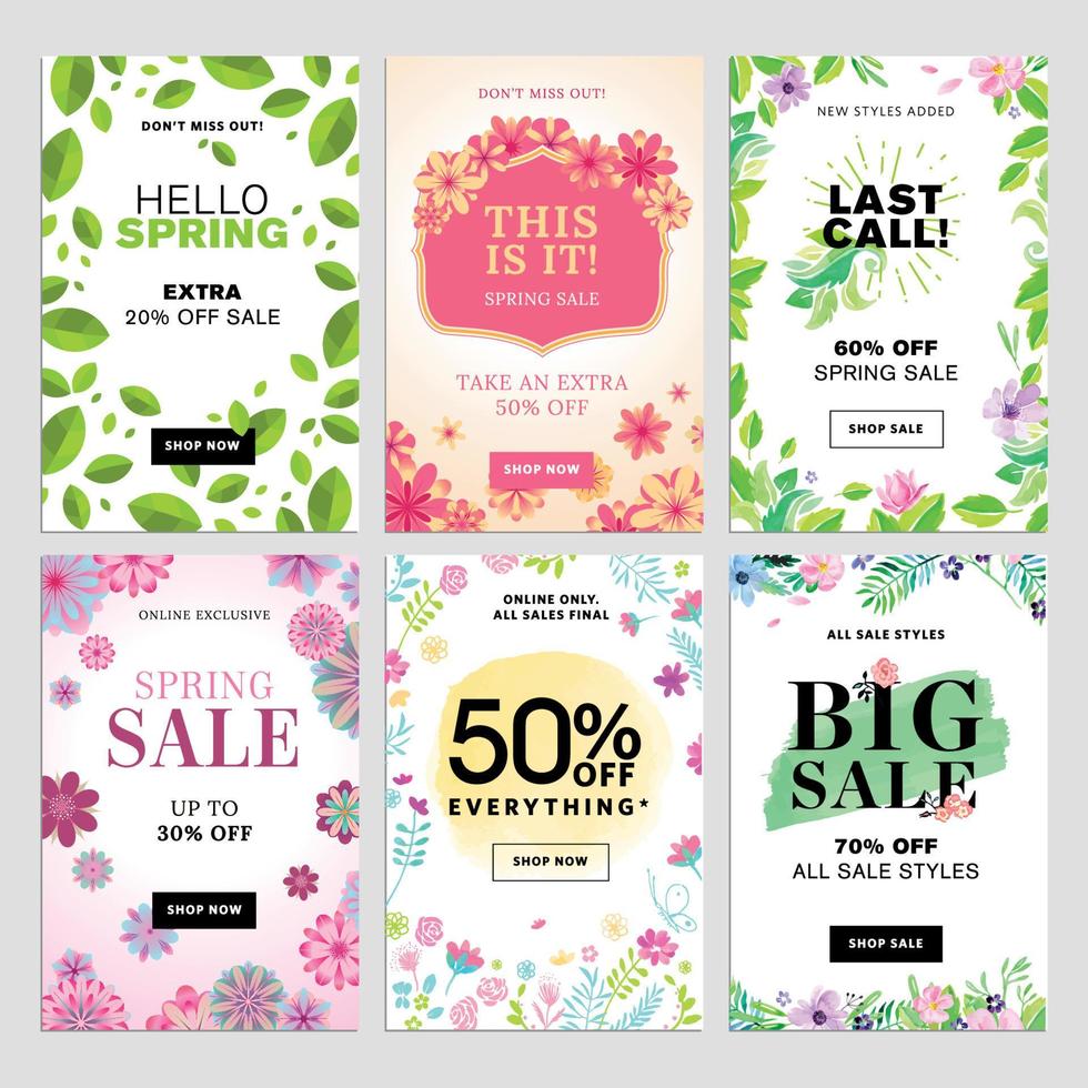 Set of mobile sale banners. Spring sale banners. Vector illustrations of online shopping website and mobile website banners, posters, newsletter designs, ads, coupons, social media banners.