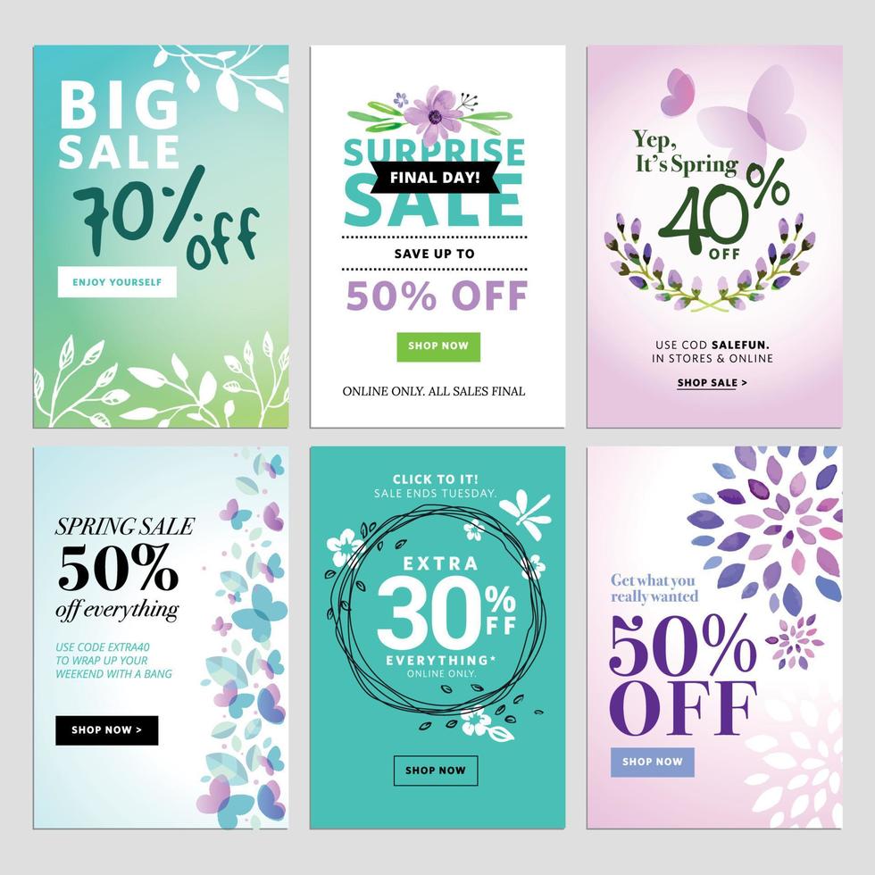 Set of social media sale banners, and ads web templates. Spring sale banners. Vector illustrations of online shopping website banners, posters, newsletter designs, ads, coupons, social media banners.