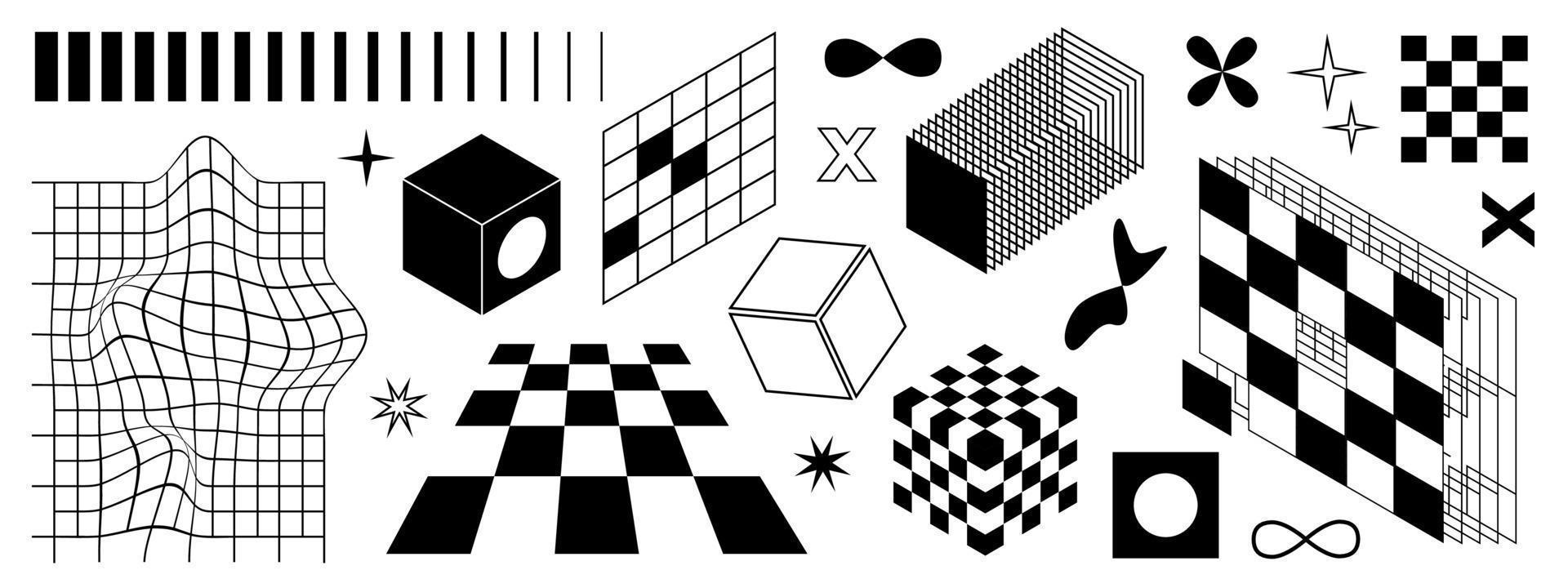 Retro futuristic objects. Vector illustration of perspective grids, distortions, three-dimensional geometric shapes and signs.