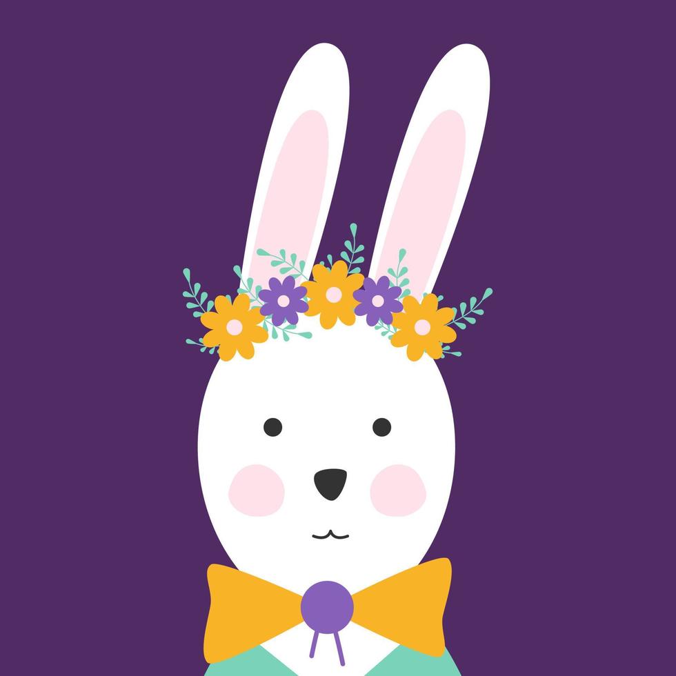 Pascua de Resurrección Conejo con flor guirnalda en cabeza. primavera vector ilustración de linda blanco liebre. fiesta Pascua de Resurrección modelo para saludo tarjeta con conejito y planta elementos. gracioso animal rostro.