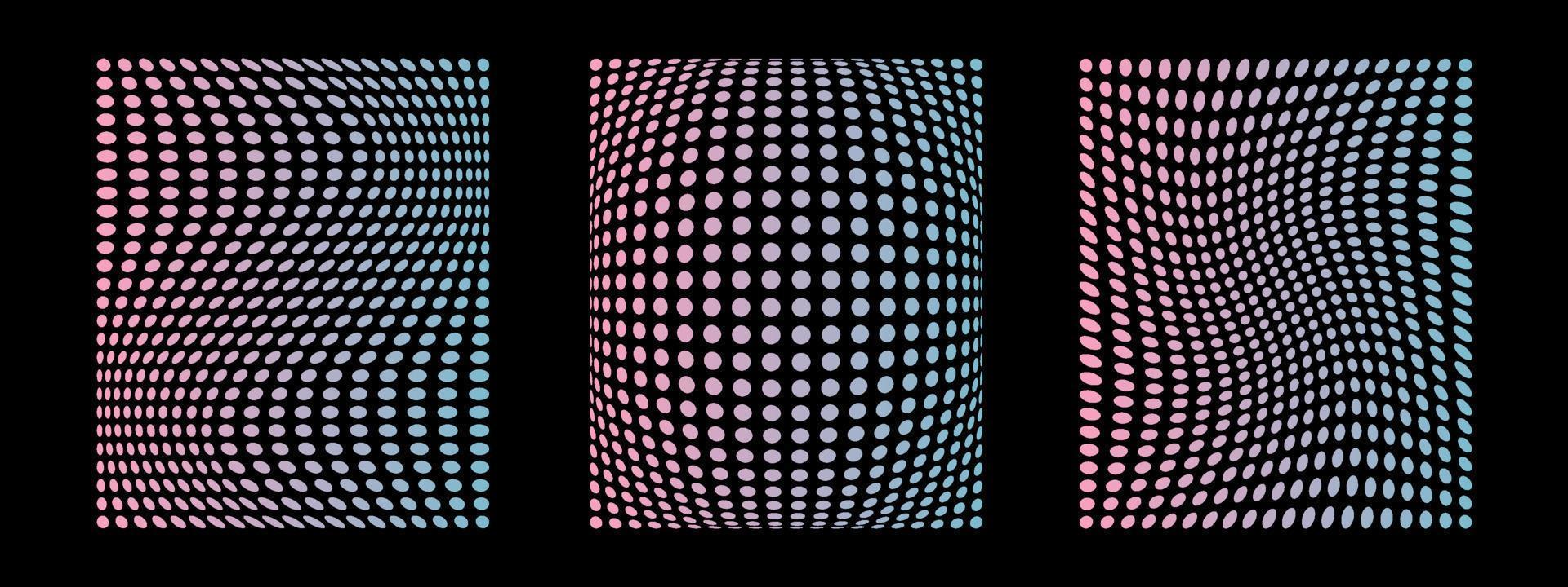 Abstract geometric distortions. Futuristic dot shapes. Trendy rave luminous retro gradient. Vector illustration of grid. Pink and blue colors of 90s style.