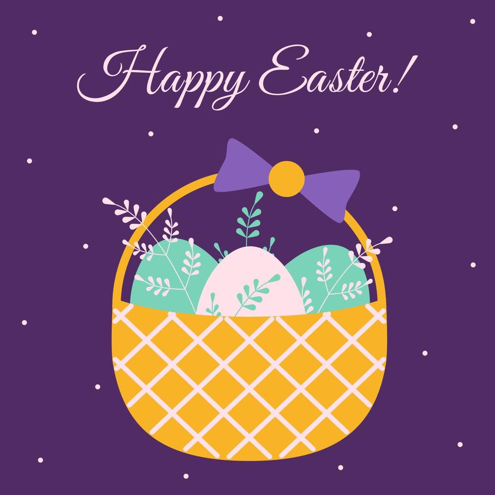 mimbre cesta con arco lleno con Pascua de Resurrección huevos. vector ilustración de Pascua de Resurrección saludo tarjeta con planta elementos. fiesta texto diseño.