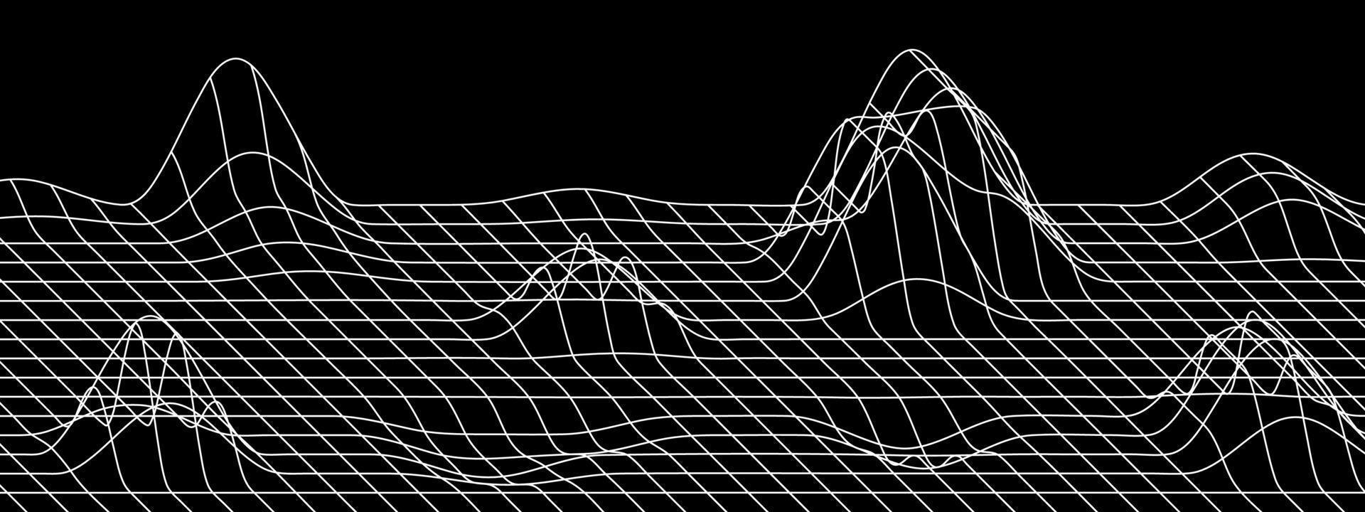 Digital landscape background. Perspective grid with convex distortions in the form of mountains. Vector illustration of linear mesh warp.
