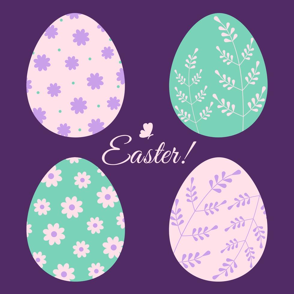 Set of Easter eggs decorated with plant elements. Festive vector illustration. Holiday text design.