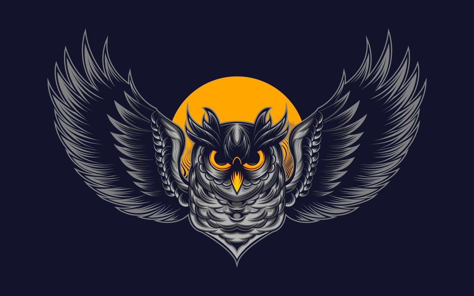 Head owl wing and moon black background vector