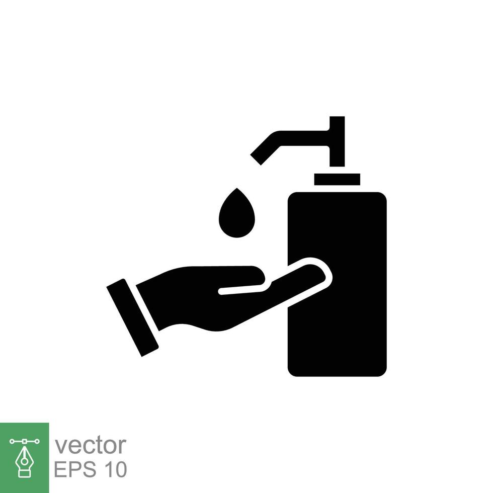 Hand sanitizer icon, solid style. Washing hand with sanitizer liquid soap. Black silhouette symbol. Vector illustration design isolated on white background. EPS 10.