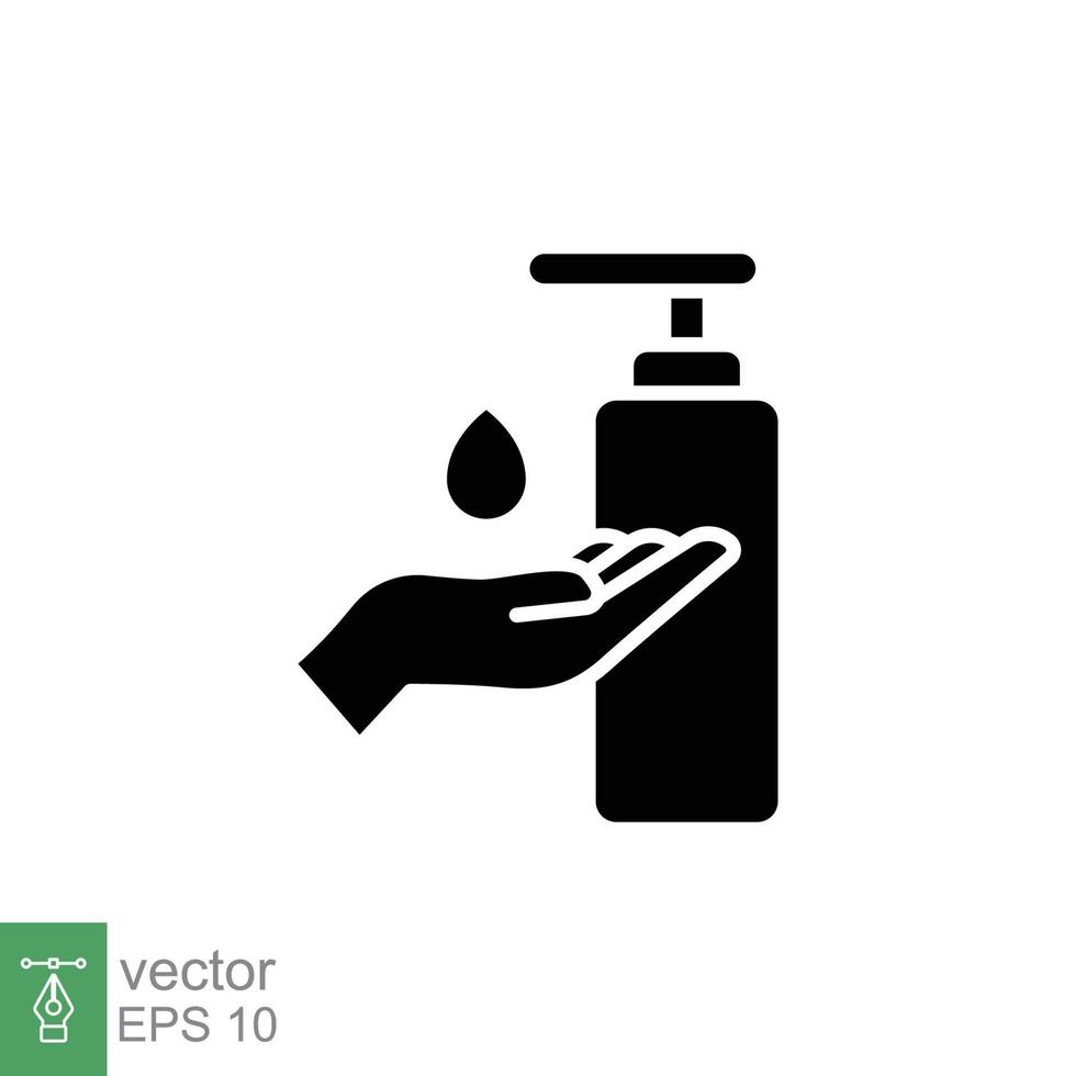 Hand sanitizer icon, solid style. Washing hand with sanitizer liquid soap. Black silhouette symbol. Vector illustration design isolated on white background. EPS 10.