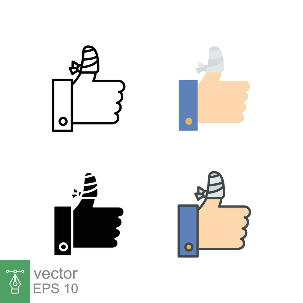 herir mano, vendaje dedo icono en diferente estilo. describir, departamento, sólido, lleno describir. como, pulgar arriba gesto, herido, indisponible concepto. vector ilustración aislado en blanco antecedentes. eps 10