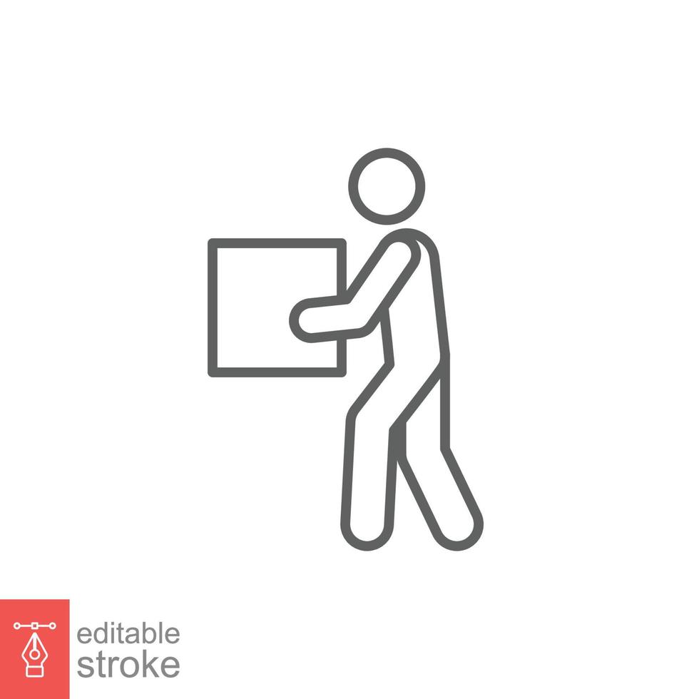 Lifting weights icon. Simple outline style for web template and app. Lift, man carry heavy box, delivery boy. Thin line vector illustration design isolated on white background. Editable stroke EPS 10.