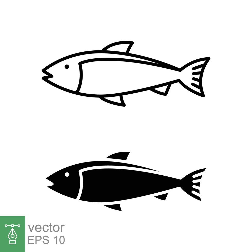 pescado icono colocar. sencillo línea y silueta símbolo. mar vida, Fresco salmón, atún, Piscis, naturaleza concepto para comida modelo diseño. vector ilustración aislado en blanco antecedentes. eps 10