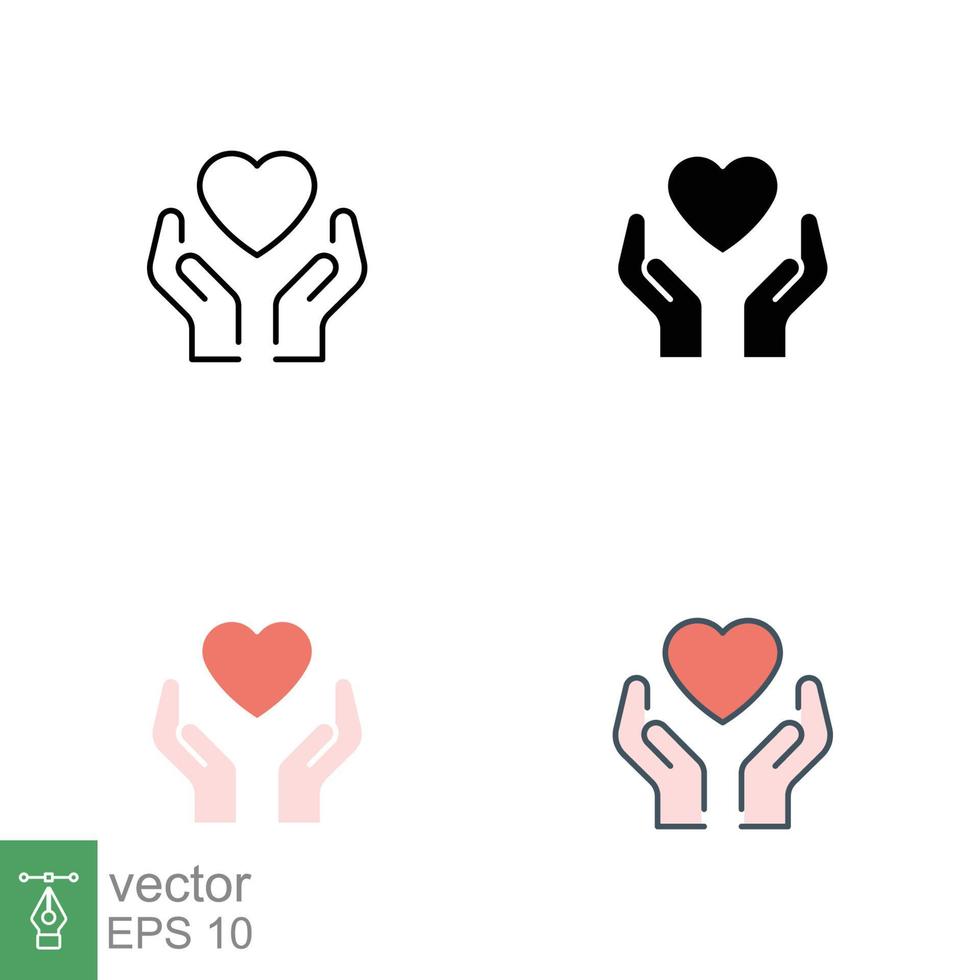 Hand heart icon in different style. Line, solid, flat, filled outline style. Holding, pictogram, care, graphic, life, health, save, love, give, charity concept. Vector illustration isolated. EPS 10.