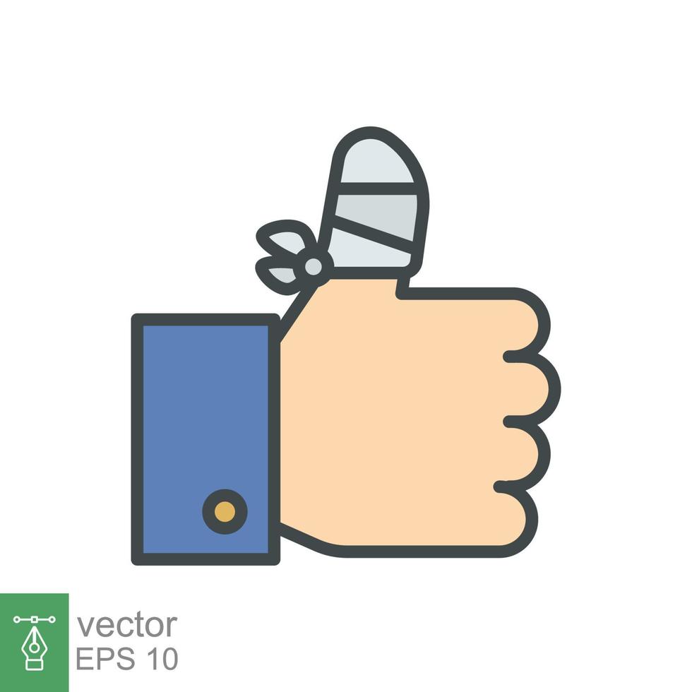 Hurt hand, bandage finger icon. Simple filled outline style. Like, thumb up gesture, injured, unavailable concept. Vector illustration isolated on white background. EPS 10.