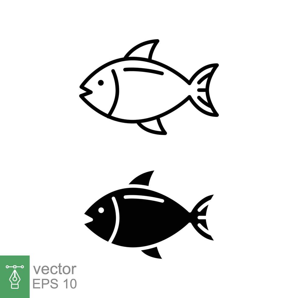 Fish icon set. Simple line and silhouette symbol. Sea life, fresh salmon, tuna, pisces, nature concept for food template design. Vector illustration isolated on white background. EPS 10.