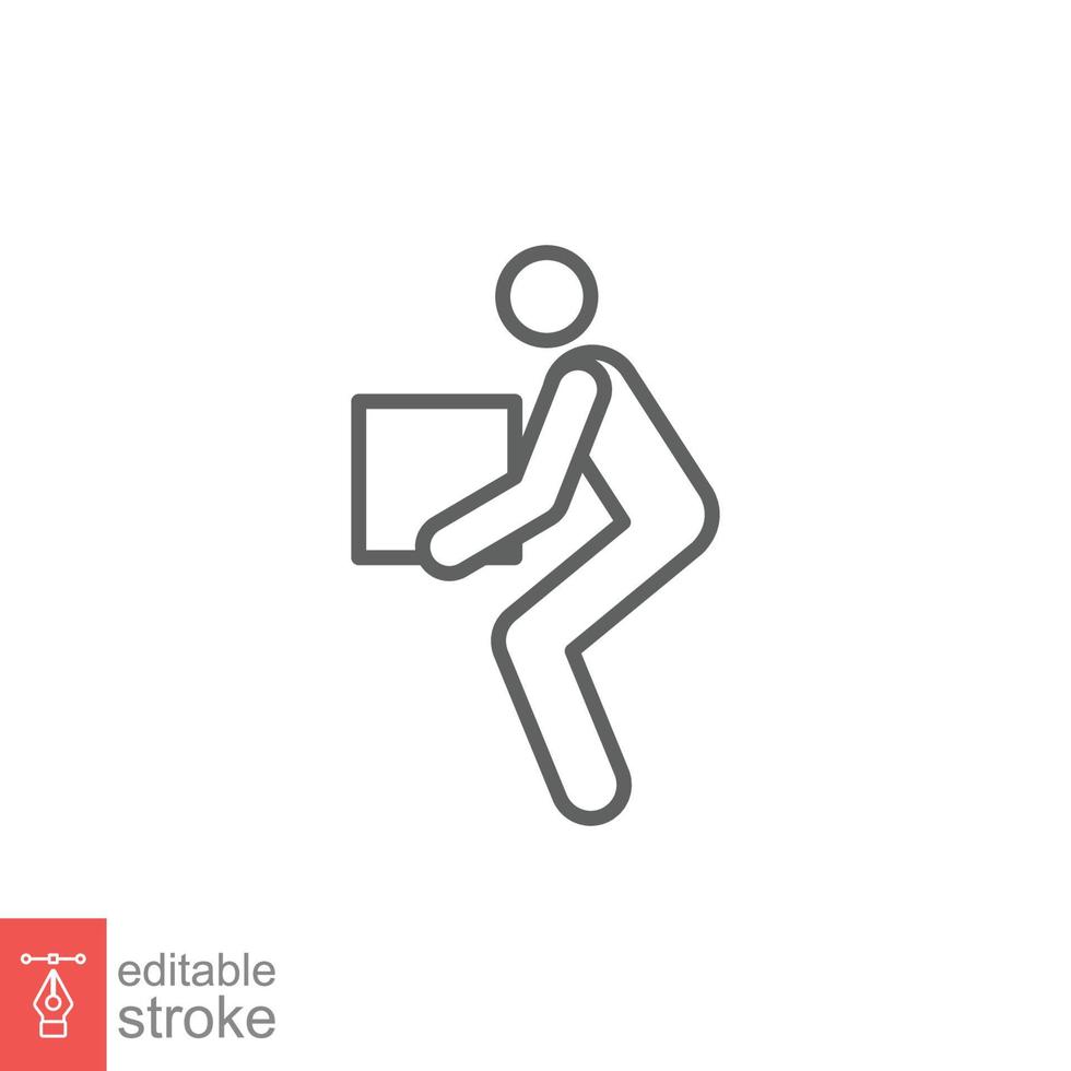 Lifting weights icon. Simple outline style for web template and app. Lift, man carry heavy box, delivery boy. Thin line vector illustration design isolated on white background. Editable stroke EPS 10.