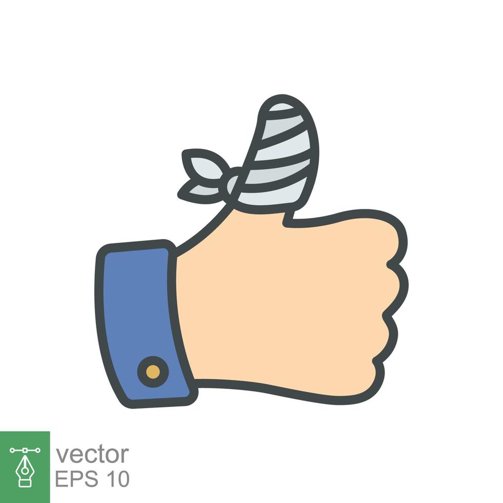 Hurt hand, bandage finger icon. Simple filled outline style. Like, thumb up gesture, injured, unavailable concept. Vector illustration isolated on white background. EPS 10.