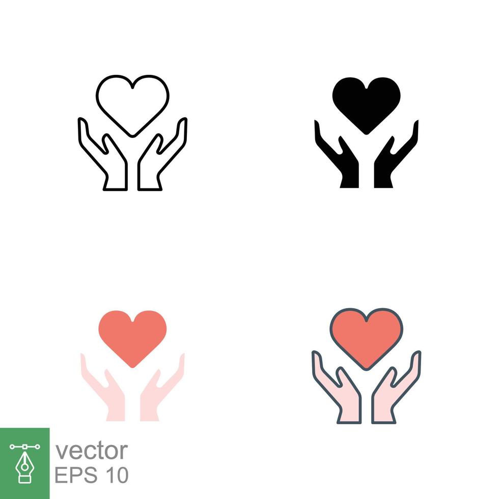 Hand heart icon in different style. Line, solid, flat, filled outline style. Holding, pictogram, care, graphic, life, health, save, love, give, charity concept. Vector illustration isolated. EPS 10.