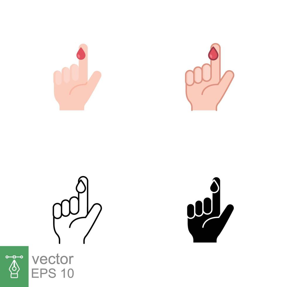 Blood on finger icons in different style. Vector people hand injured isolated symbol. Glucose, insulin test, diabetes concept. Designed in filled outline, line, flat, glyph and solid style. EPS 10.