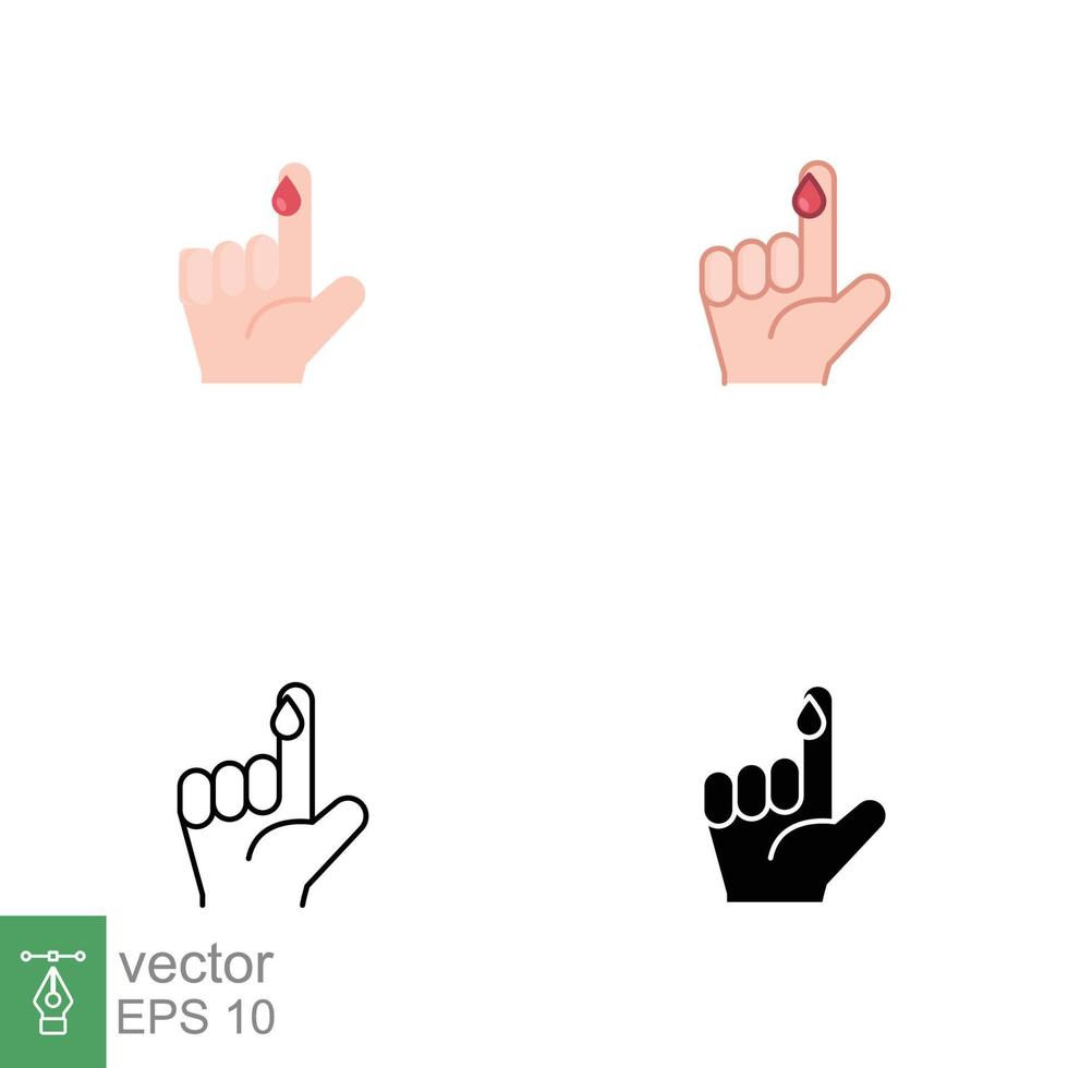 Blood on finger icons in different style. Vector people hand injured isolated symbol. Glucose, insulin test, diabetes concept. Designed in filled outline, line, flat, glyph and solid style. EPS 10.