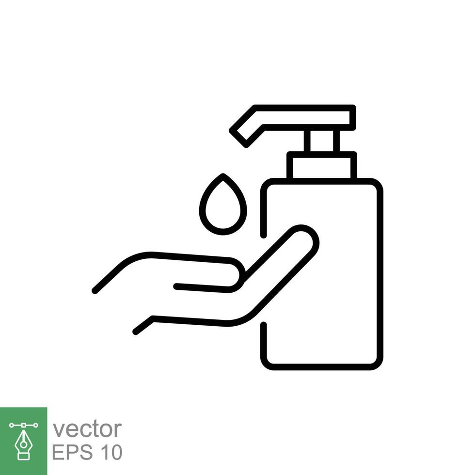 Hand sanitizer icon, line style. Washing hand with sanitizer liquid soap. Vector illustration. Design on white background. EPS 10.