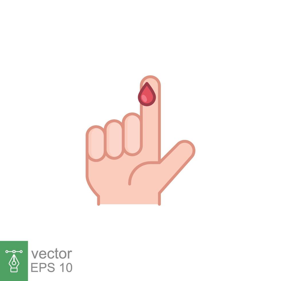 sangre en dedo icono. vector personas mano lesionado aislado símbolo. glucosa, insulina prueba, diabetes concepto. sencillo lleno contorno estilo. firmar ilustración en blanco antecedentes. eps 10