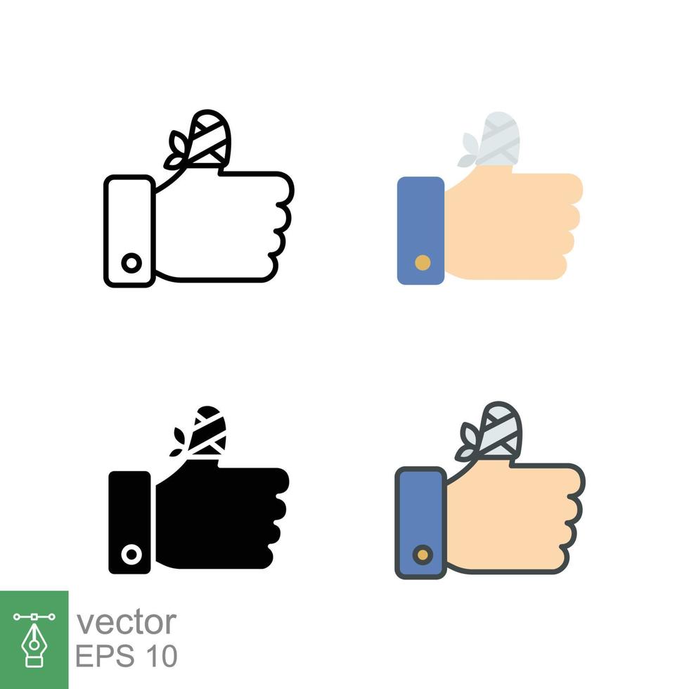 herir mano, vendaje dedo icono en diferente estilo. describir, departamento, sólido, lleno describir. como, pulgar arriba gesto, herido, indisponible concepto. vector ilustración aislado en blanco antecedentes. eps 10