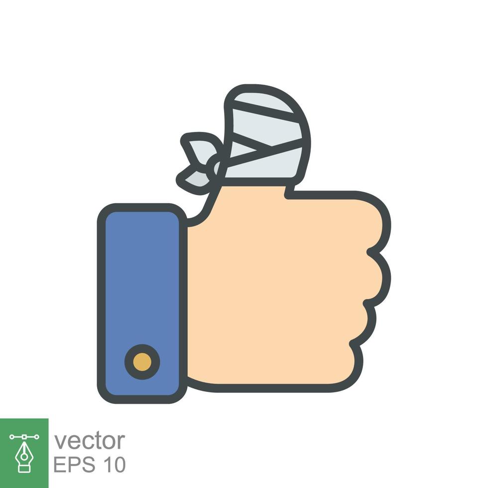 Hurt hand, bandage finger icon. Simple filled outline style. Like, thumb up gesture, injured, unavailable concept. Vector illustration isolated on white background. EPS 10.