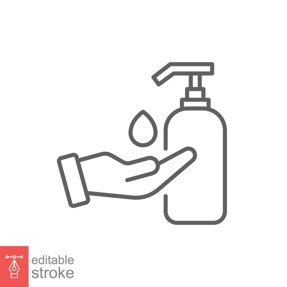 Hand sanitizer icon, line style. Washing hand with sanitizer liquid soap. Vector illustration. Design on white background. Editable stroke EPS 10.