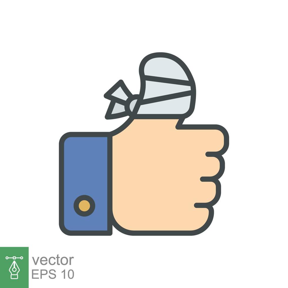 Hurt hand, bandage finger icon. Simple filled outline style. Like, thumb up gesture, injured, unavailable concept. Vector illustration isolated on white background. EPS 10.
