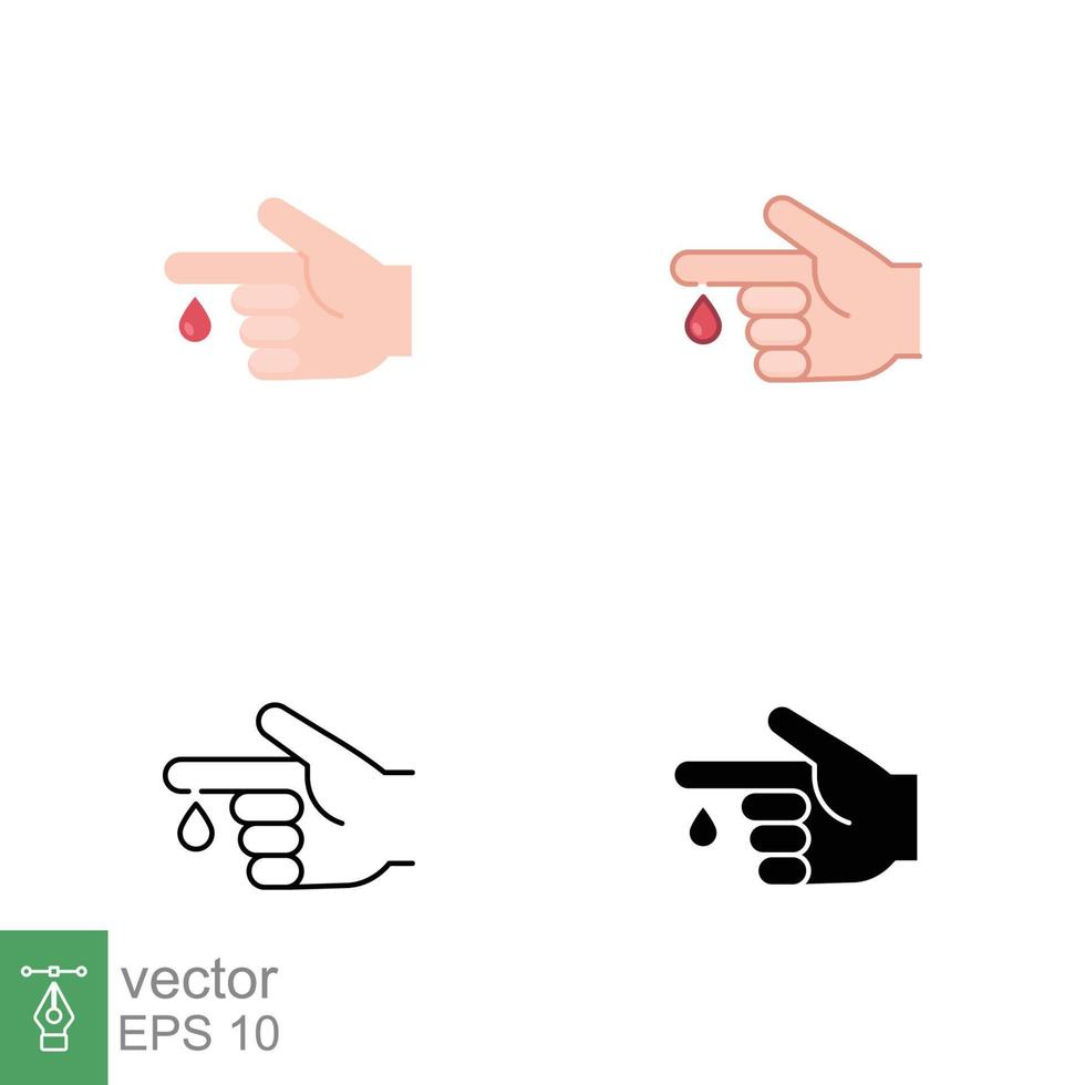 Blood on finger icons in different style. Vector people hand injured isolated symbol. Glucose, insulin test, diabetes concept. Designed in filled outline, line, flat, glyph and solid style. EPS 10.