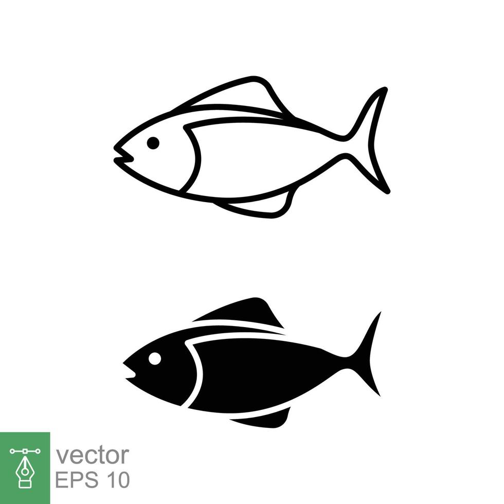 pescado icono colocar. sencillo línea y silueta símbolo. mar vida, Fresco salmón, atún, Piscis, naturaleza concepto para comida modelo diseño. vector ilustración aislado en blanco antecedentes. eps 10