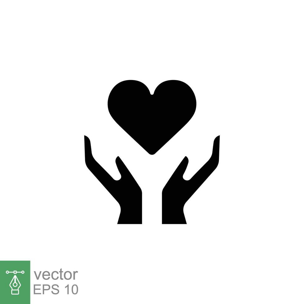 Hand heart glyph icon. Simple solid style. Wellbeing, health care, support, life, save, love, give, charity concept. Black silhouette symbol. Vector illustration isolated on white background. EPS 10.