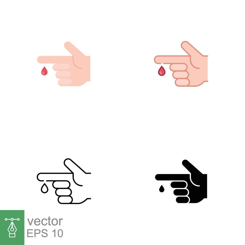 Blood on finger icons in different style. Vector people hand injured isolated symbol. Glucose, insulin test, diabetes concept. Designed in filled outline, line, flat, glyph and solid style. EPS 10.