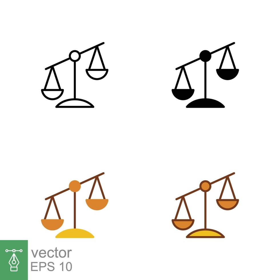 Scales icon on different style. Outline, solid, flat, filled outline. Libra, balance, comparison, compare, legal, law, justice concept. Vector illustration isolated on white background. EPS 10.