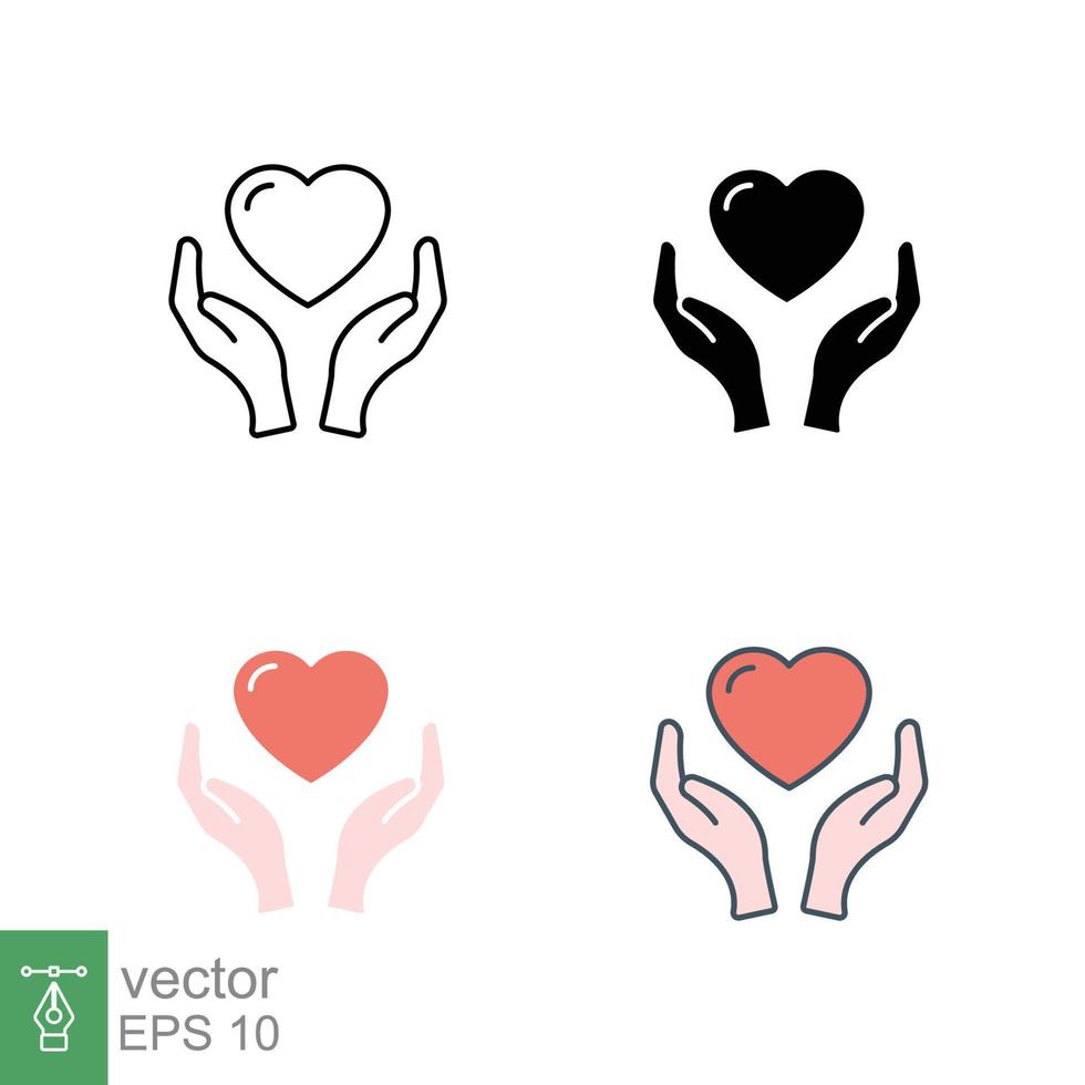 Hand heart icon in different style. Line, solid, flat, filled outline style. Holding, pictogram, care, graphic, life, health, save, love, give, charity concept. Vector illustration isolated. EPS 10.