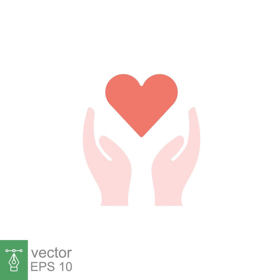 Hand heart flat icon. Simple red heart. Wellbeing, health care, support, life, save, love, give, charity concept. Vector illustration isolated on white background. EPS 10.