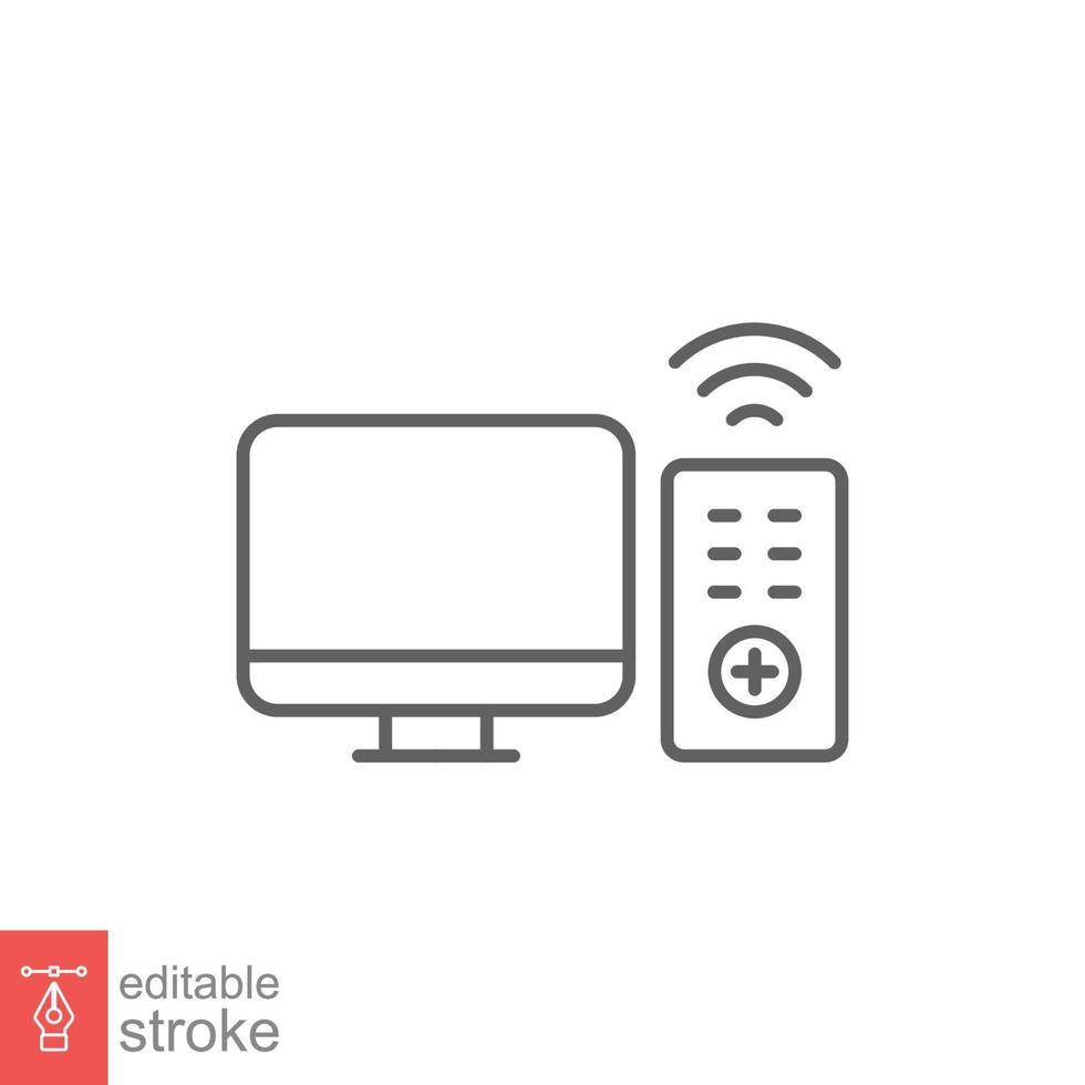 TV and remote icon. Simple outline style for web template and app. Television, control, channel, technology concept. Thin line vector illustration design on white background. Editable stroke EPS 10.