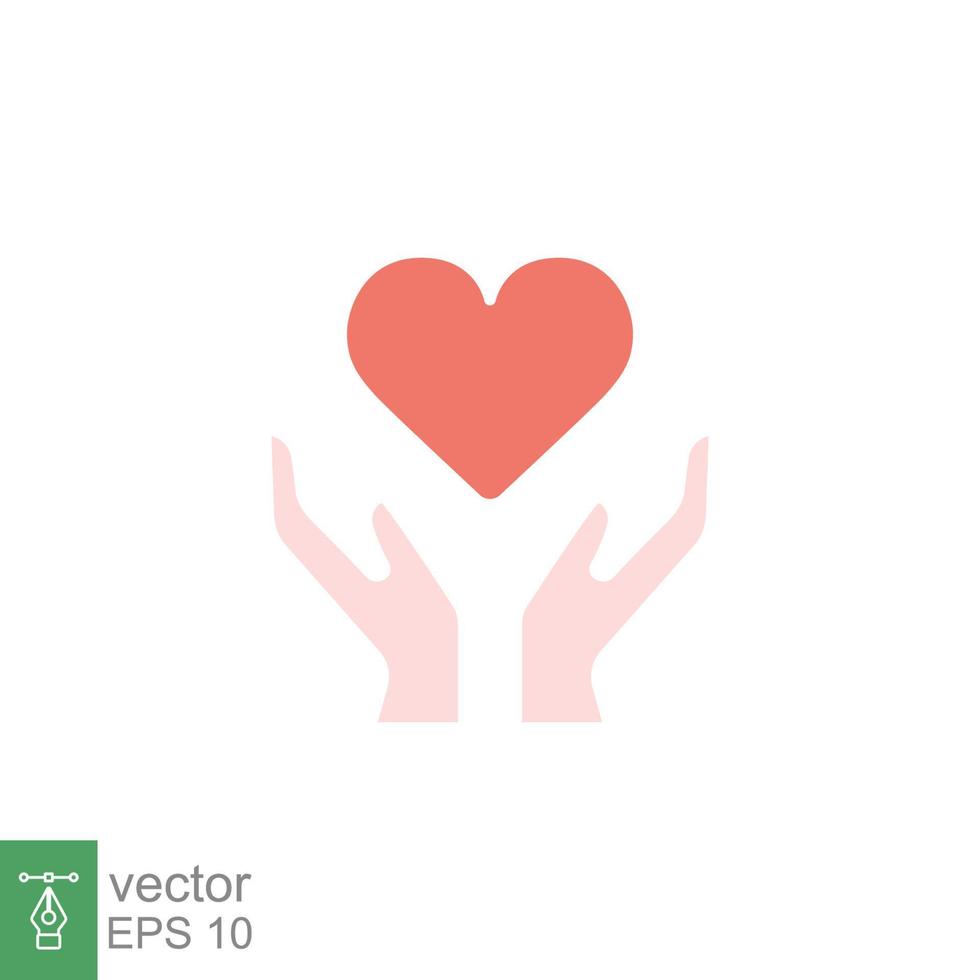 Hand heart flat icon. Simple red heart. Wellbeing, health care, support, life, save, love, give, charity concept. Vector illustration isolated on white background. EPS 10.