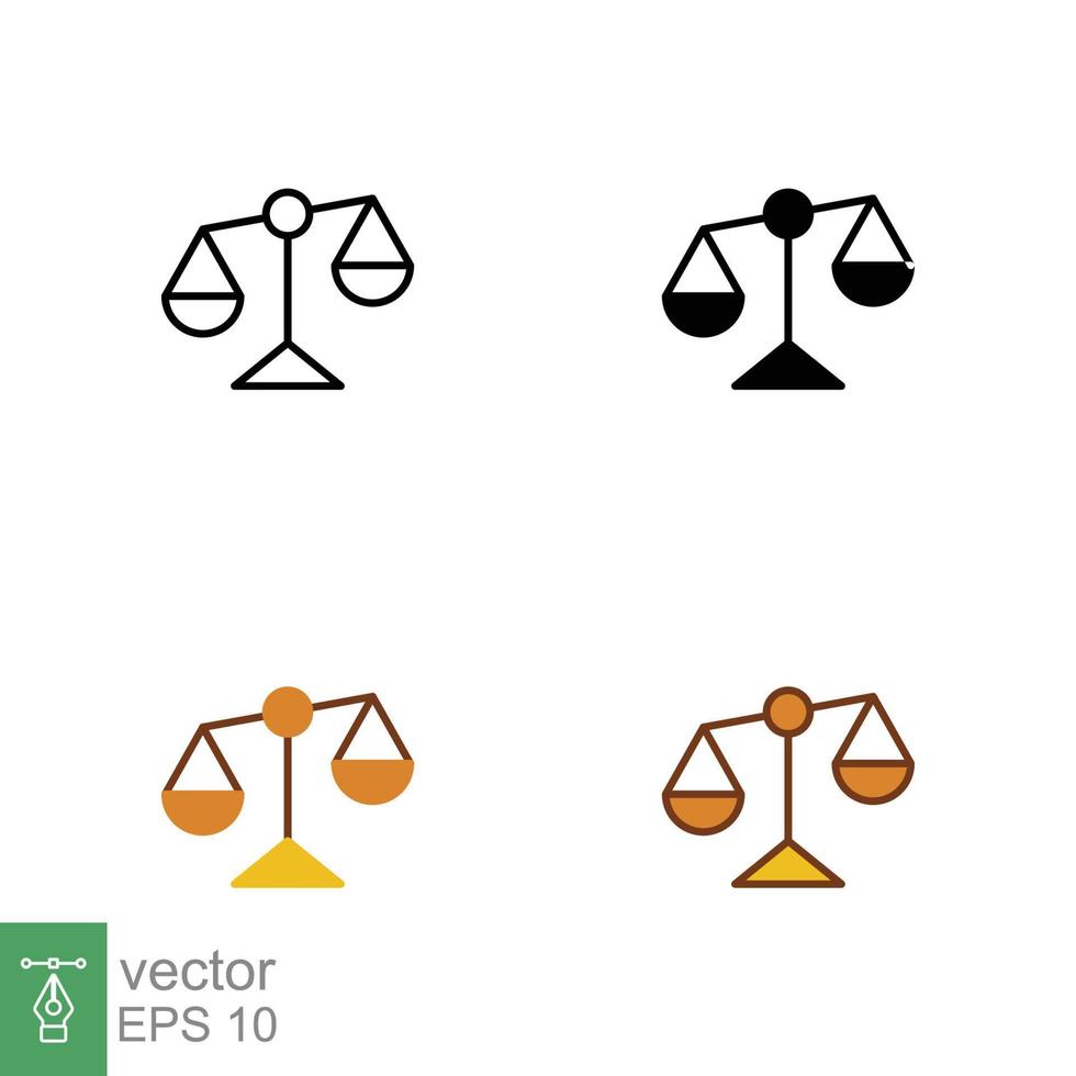 Scales icon on different style. Outline, solid, flat, filled outline. Libra, balance, comparison, compare, legal, law, justice concept. Vector illustration isolated on white background. EPS 10.