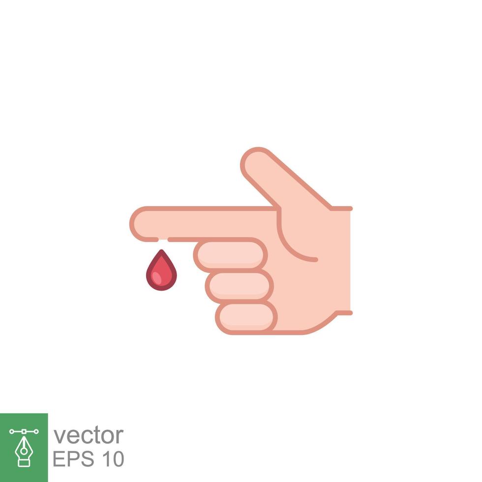 Blood on finger icon. Vector people hand injured isolated symbol. Glucose, insulin test, diabetes concept. Simple filled outline style. Sign illustration on white background. EPS 10.