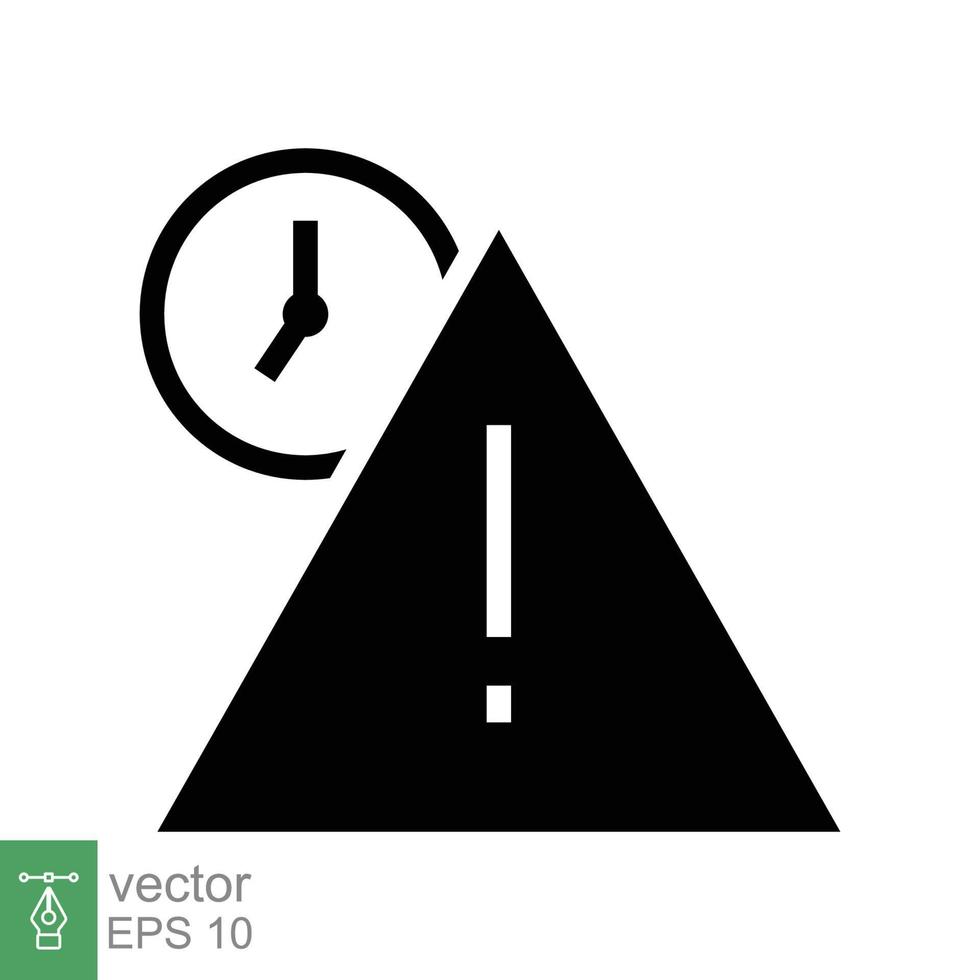 expiración icono. sencillo sólido estilo para web y aplicación alerta, alarma, reloj circular con exclamación marca concepto. negro silueta, glifo símbolo. vector ilustración aislado en blanco antecedentes. eps 10