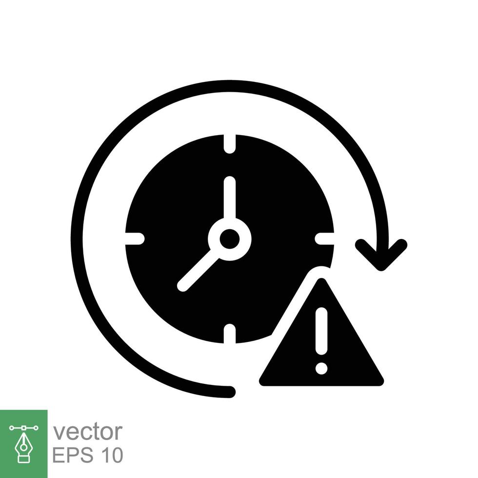 expiración icono. sencillo sólido estilo para web y aplicación alerta, alarma, reloj circular con exclamación marca concepto. negro silueta, glifo símbolo. vector ilustración aislado en blanco antecedentes. eps 10