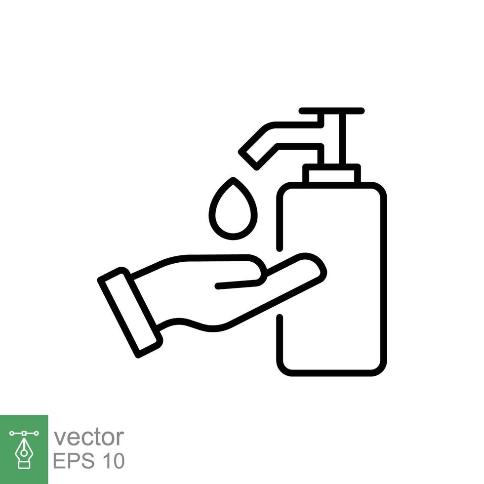 Hand sanitizer icon, line style. Washing hand with sanitizer liquid soap. Vector illustration. Design on white background. EPS 10.