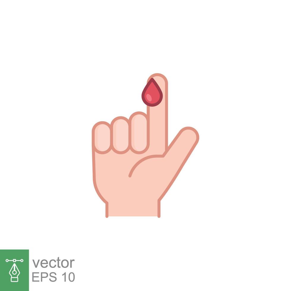 Blood on finger icon. Vector people hand injured isolated symbol. Glucose, insulin test, diabetes concept. Simple filled outline style. Sign illustration on white background. EPS 10.