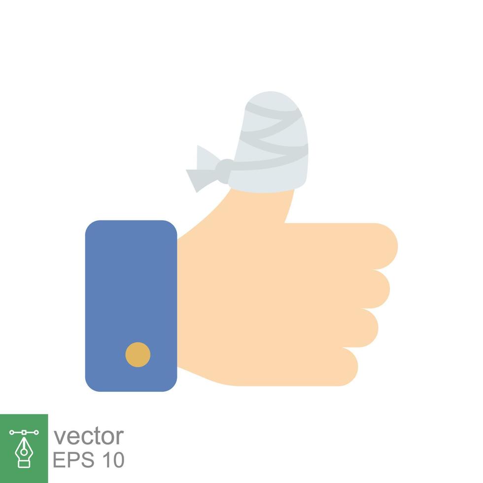 Hurt hand, bandage finger icon. Simple flat style. Like, thumb up gesture, injured, unavailable concept. Vector illustration isolated on white background. EPS 10.