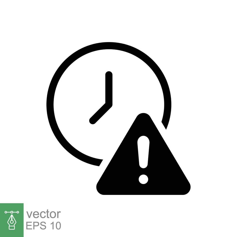 expiración icono. sencillo sólido estilo para web y aplicación alerta, alarma, reloj circular con exclamación marca concepto. negro silueta, glifo símbolo. vector ilustración aislado en blanco antecedentes. eps 10