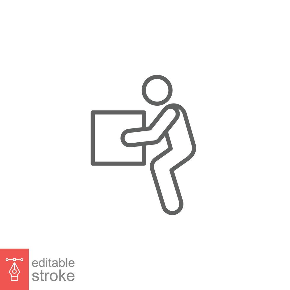 Lifting weights icon. Simple outline style for web template and app. Lift, man carry heavy box, delivery boy. Thin line vector illustration design isolated on white background. Editable stroke EPS 10.
