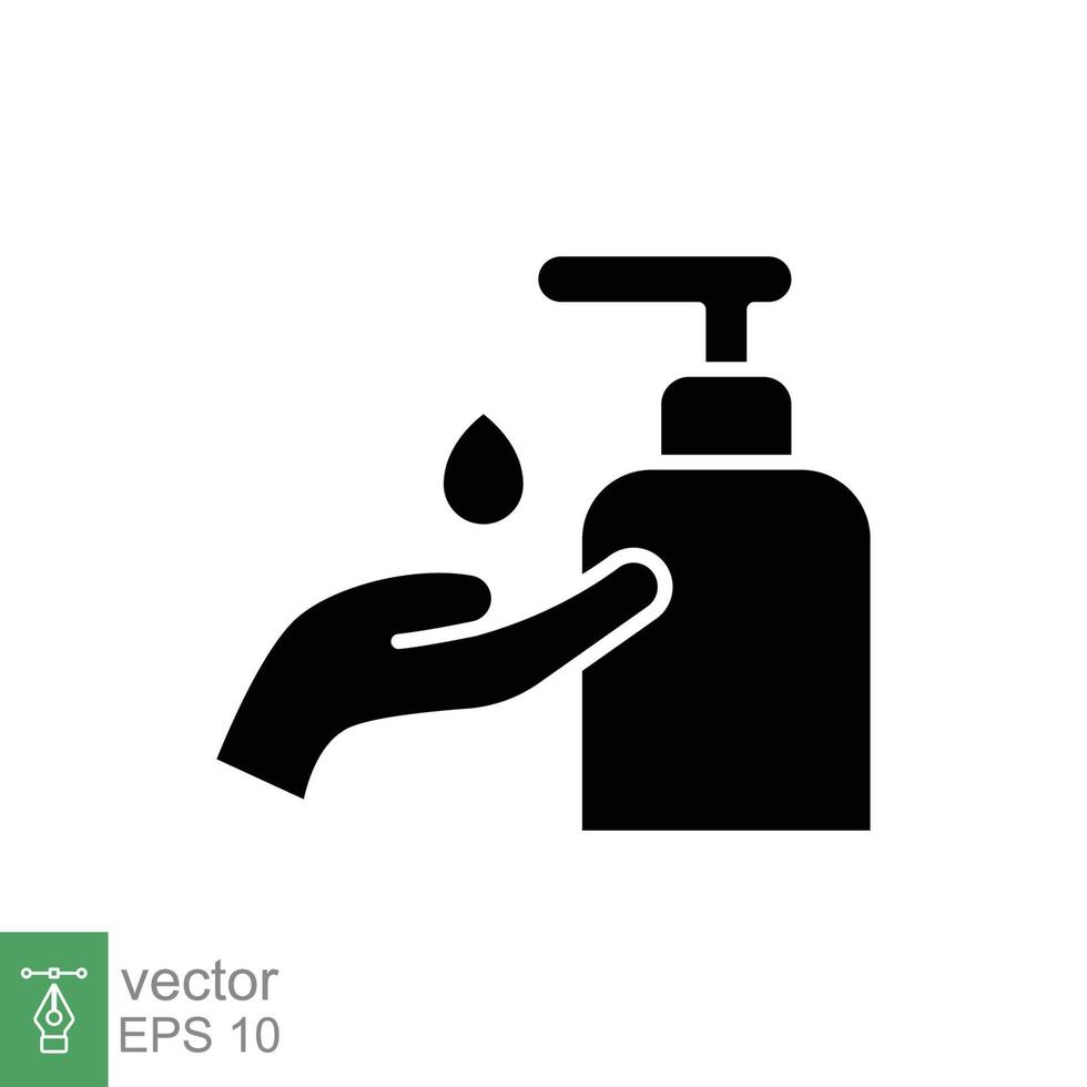 mano desinfectante icono, sólido estilo. Lavado mano con desinfectante líquido jabón. negro silueta símbolo. vector ilustración diseño aislado en blanco antecedentes. eps 10