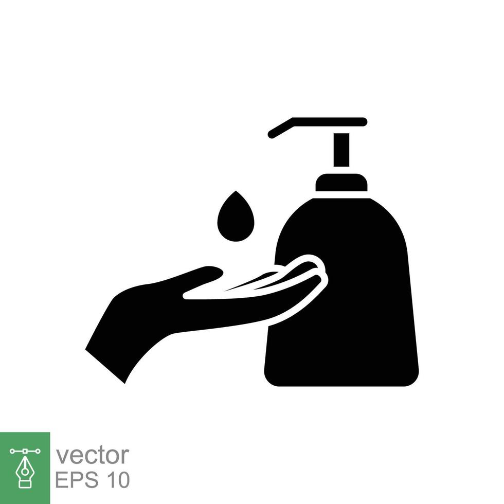 Hand sanitizer icon, solid style. Washing hand with sanitizer liquid soap. Black silhouette symbol. Vector illustration design isolated on white background. EPS 10.